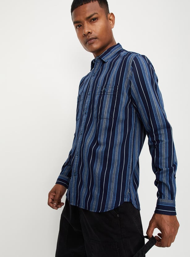 Men Indigo Striper Double Pocket Shirt