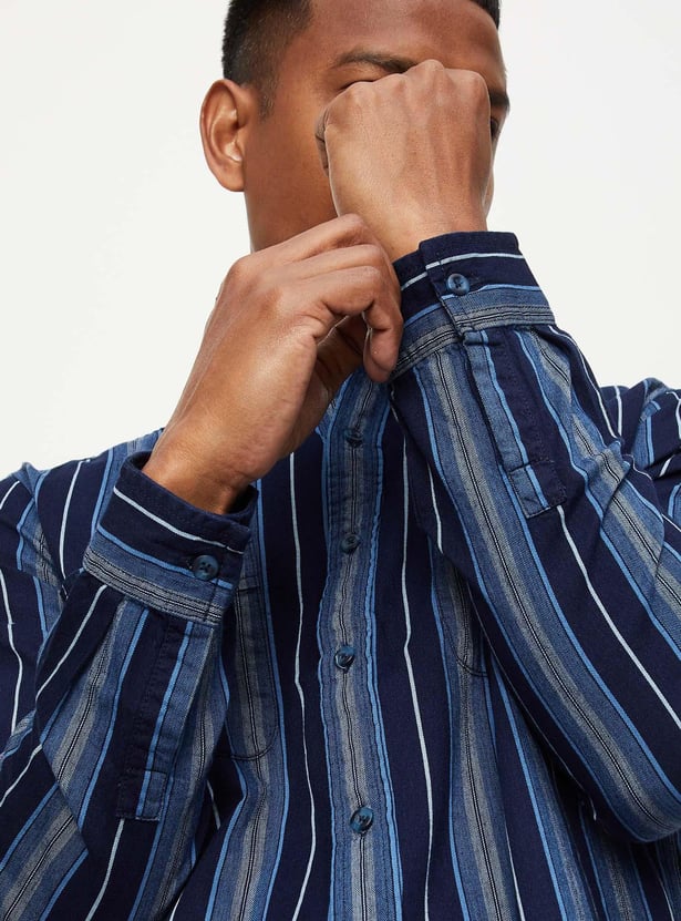 Men Indigo Striper Double Pocket Shirt