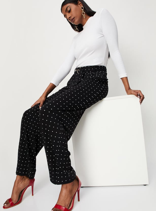 Women Polka Dot Belted Trousers