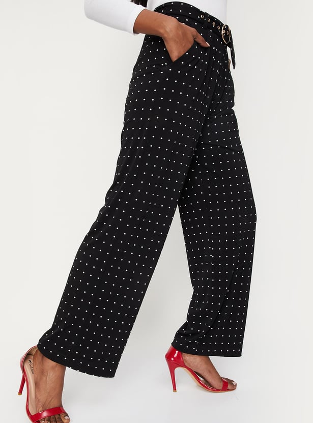 Women Polka Dot Belted Trousers