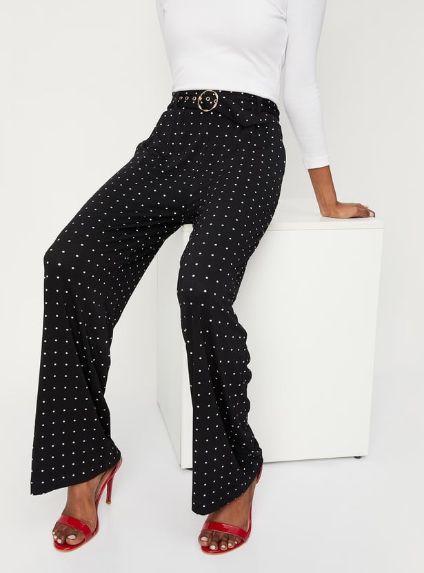 Women Polka Dot Belted Trousers