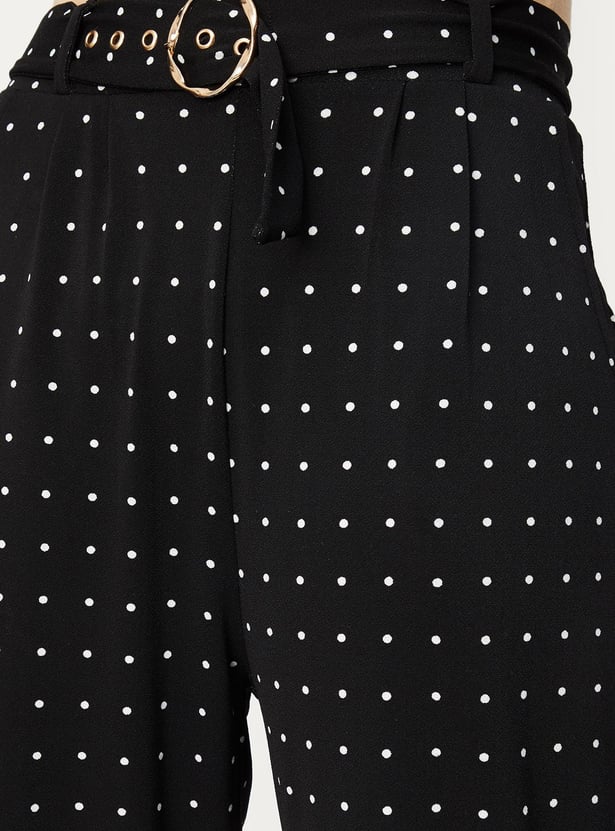 Women Polka Dot Belted Trousers