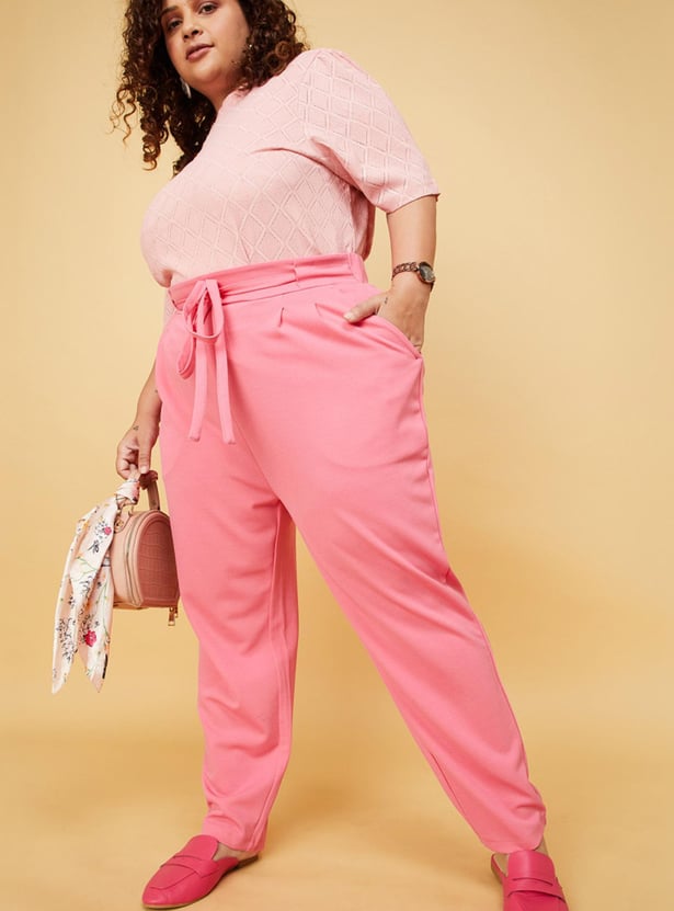 Women Solid Waist Tie-Up Peg Trousers