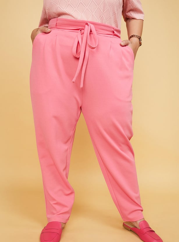 Women Solid Waist Tie-Up Peg Trousers