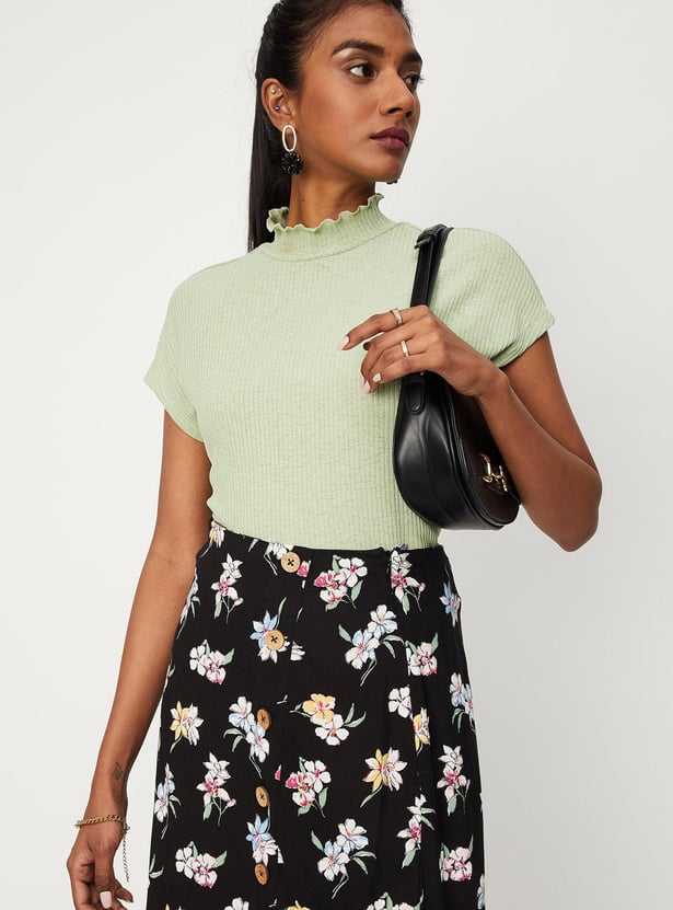 Women Rib Knit High Neck Top