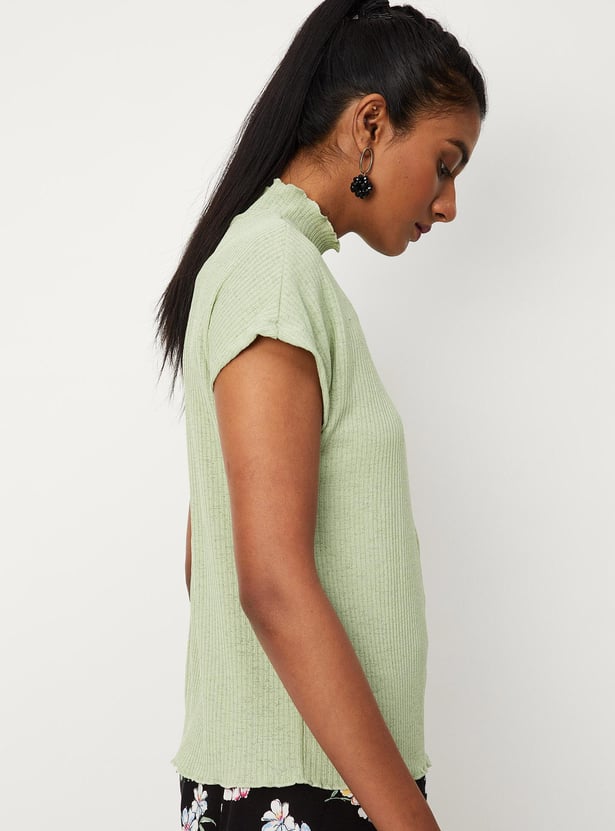 Women Rib Knit High Neck Top