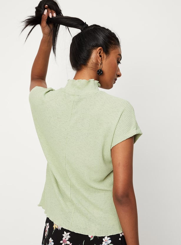 Women Rib Knit High Neck Top