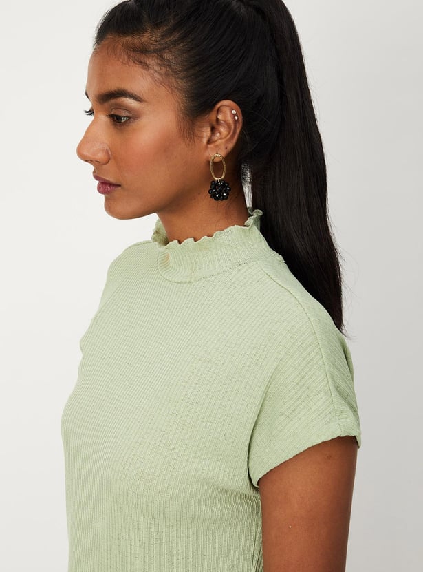 Women Rib Knit High Neck Top