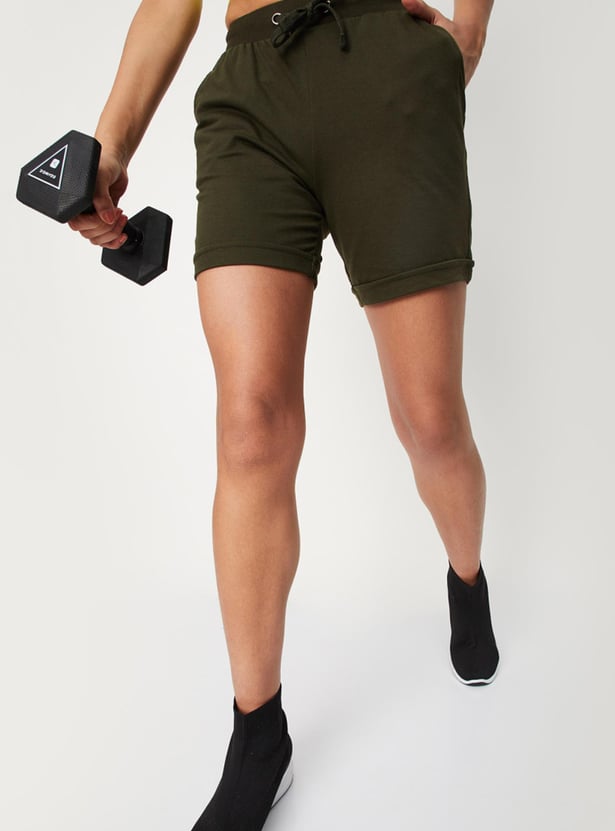 Women Solid Drawstring Waist Active Shorts