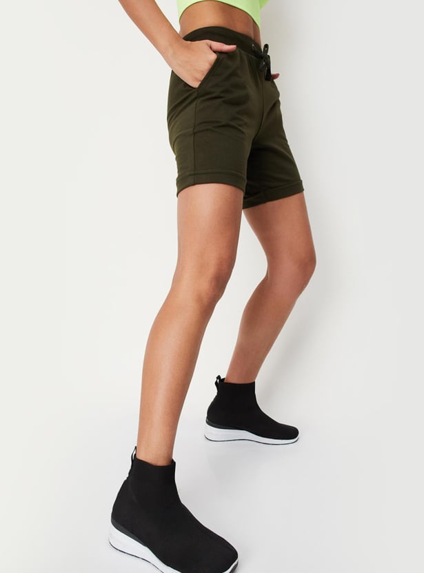 Women Solid Drawstring Waist Active Shorts