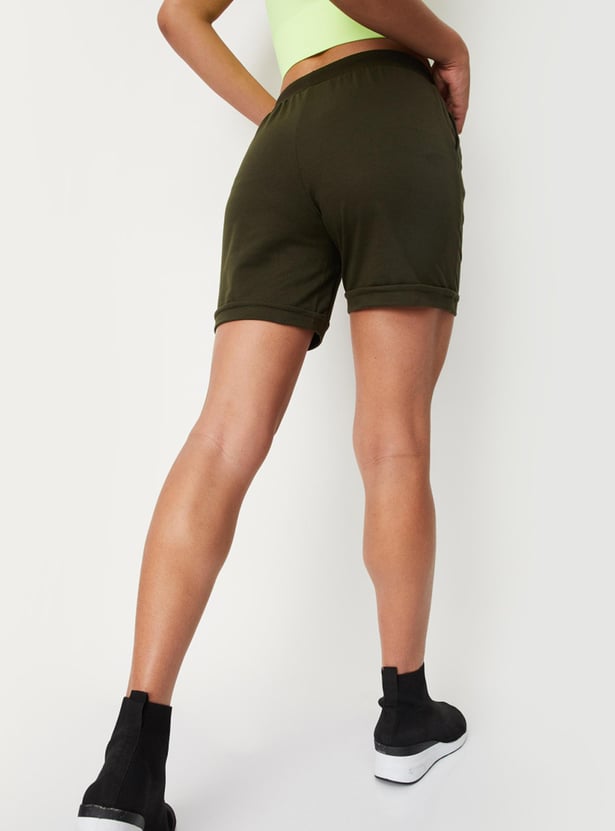 Women Solid Drawstring Waist Active Shorts