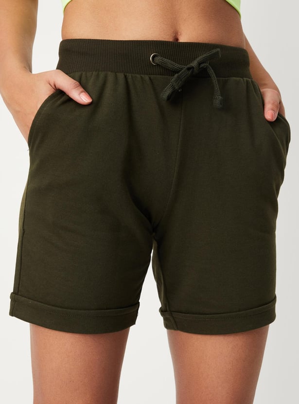 Women Solid Drawstring Waist Active Shorts