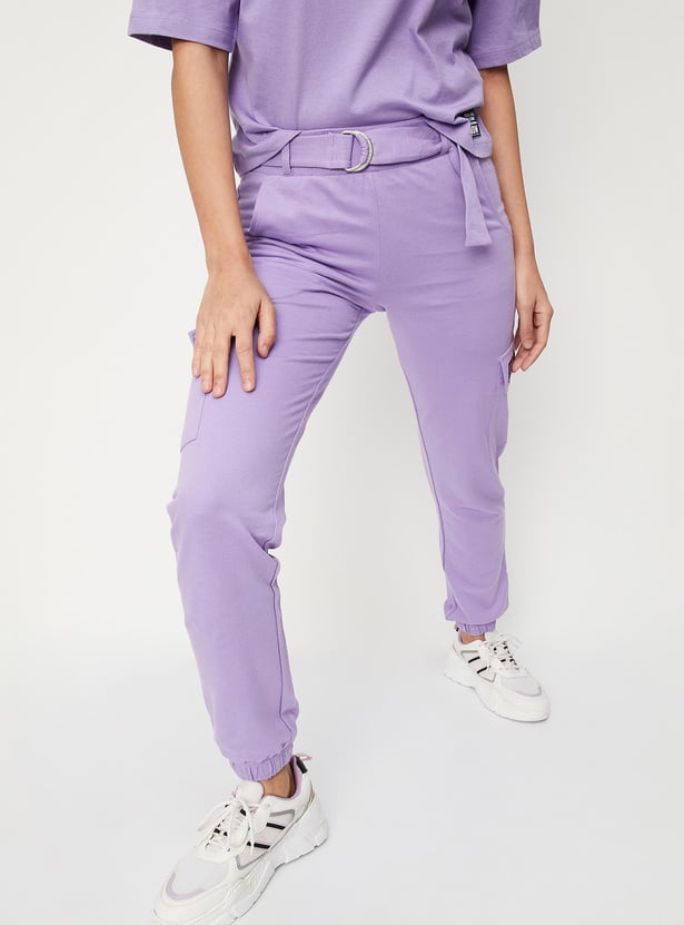 Women Solid Belted Cargo Joggers
