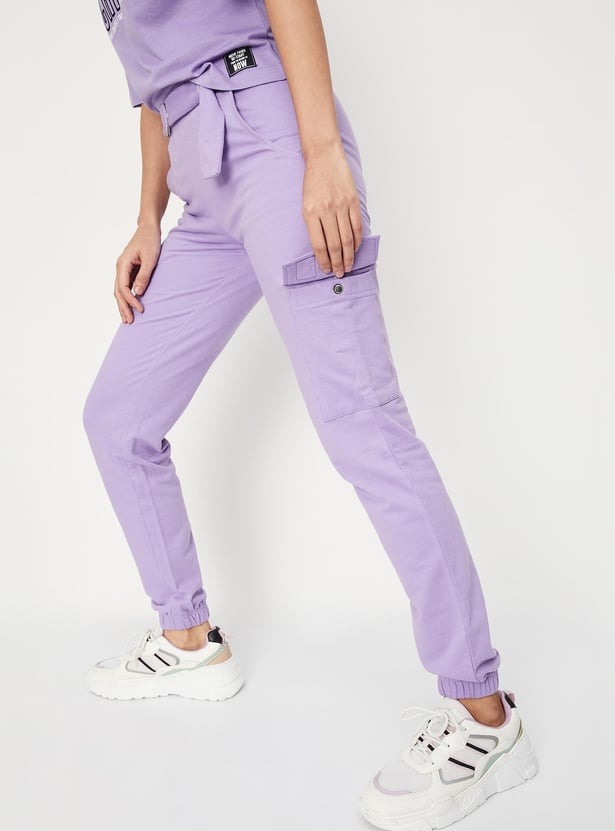 Women Solid Belted Cargo Joggers
