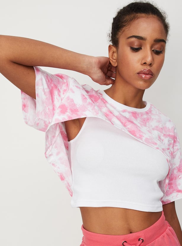 Women Cloud Printed Crop Top with Solid Inner