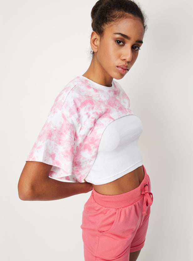 Women Cloud Printed Crop Top with Solid Inner