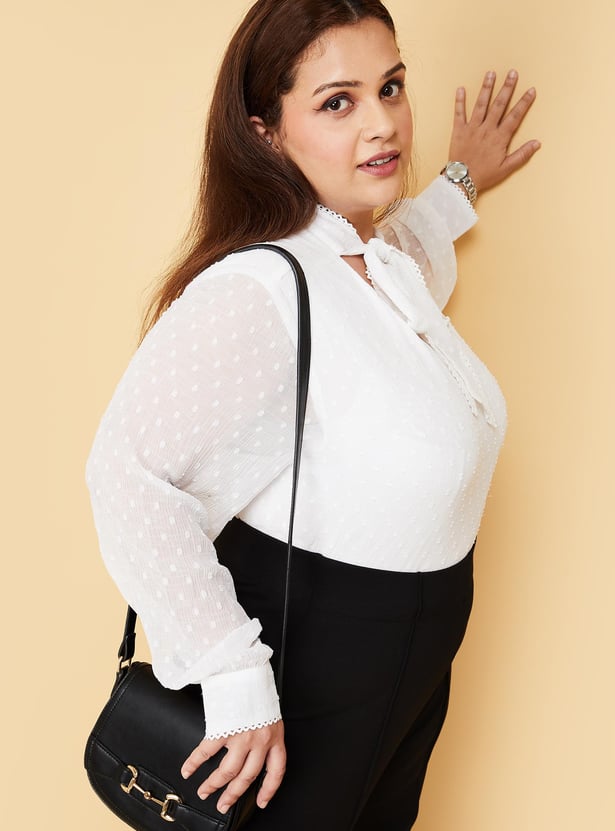 Women Dobby Woven Tie-Up Neck Top