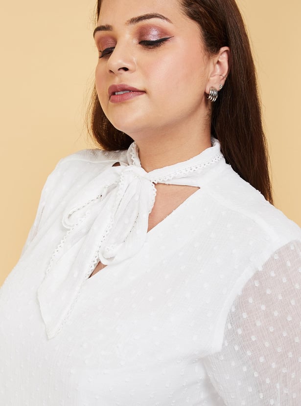 Women Dobby Woven Tie-Up Neck Top