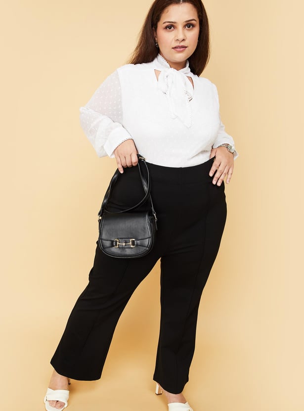 Women Dobby Woven Tie-Up Neck Top