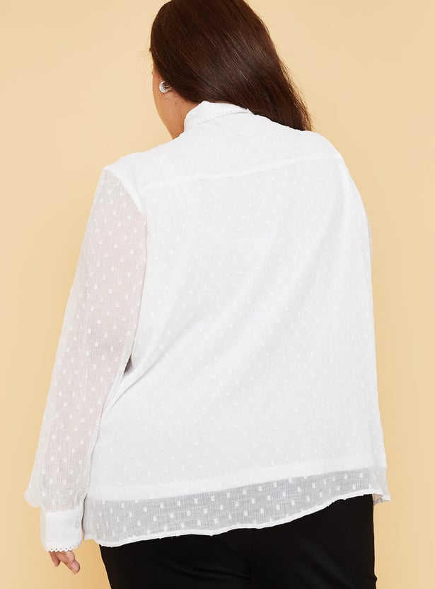 Women Dobby Woven Tie-Up Neck Top