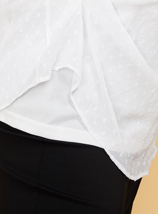 Women Dobby Woven Tie-Up Neck Top