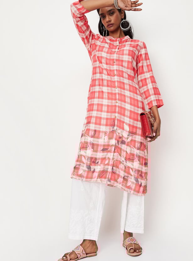Women Checked Band Collar Straight Kurta