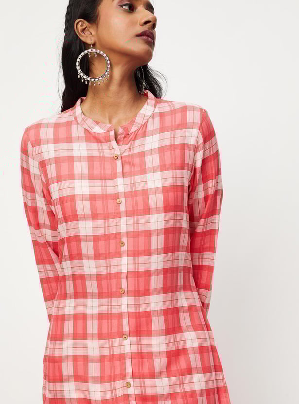 Women Checked Band Collar Straight Kurta
