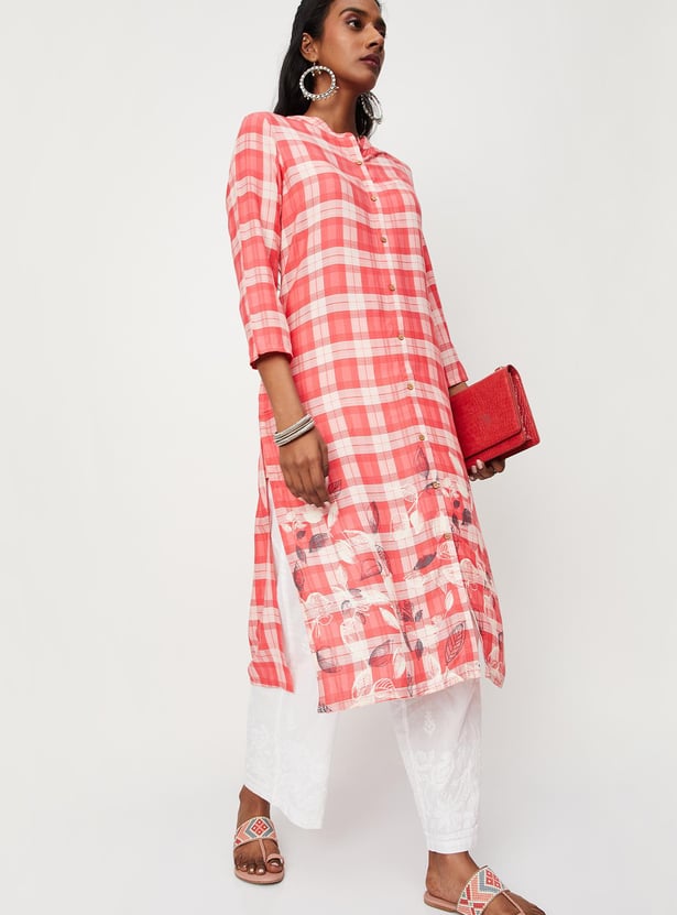 Women Checked Band Collar Straight Kurta