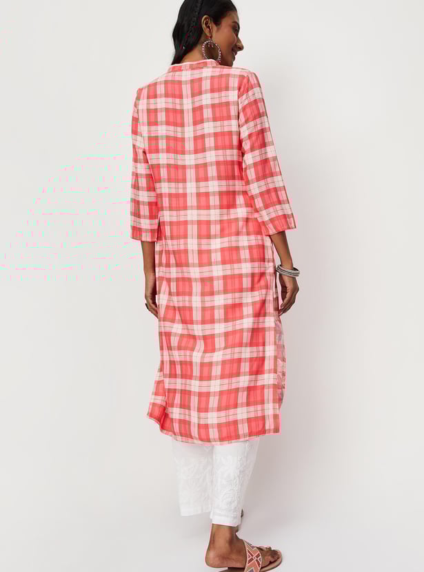 Women Checked Band Collar Straight Kurta