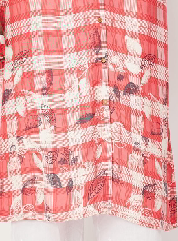 Women Checked Band Collar Straight Kurta