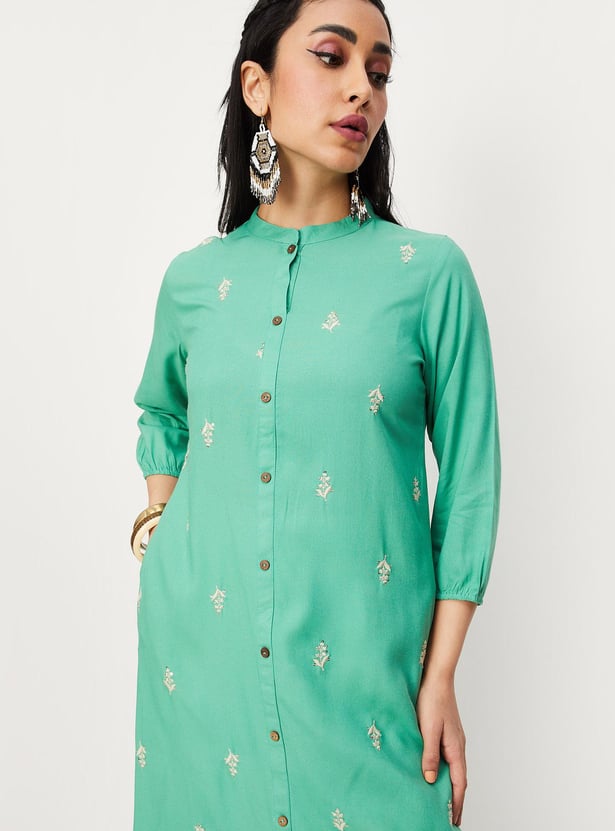 Women Embellished Band Collar Straight Kurta