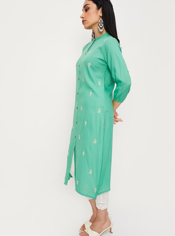 Women Embellished Band Collar Straight Kurta