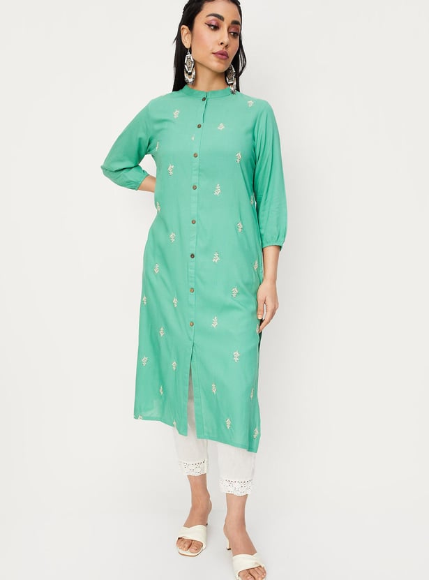 Women Embellished Band Collar Straight Kurta
