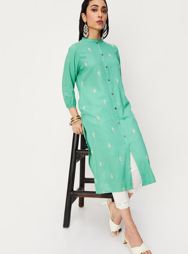 Women Embellished Band Collar Straight Kurta