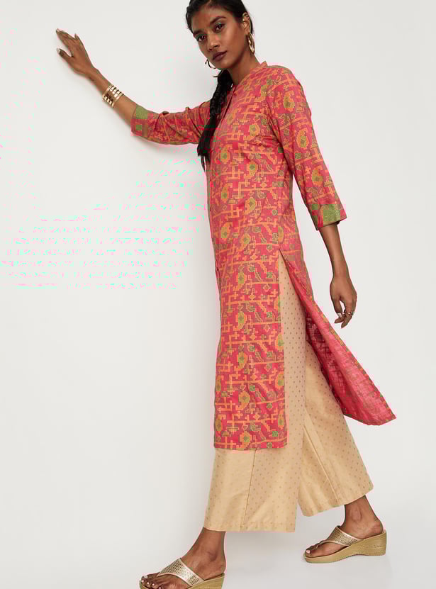 Women All-Over Printed Band Collar Straight Kurta