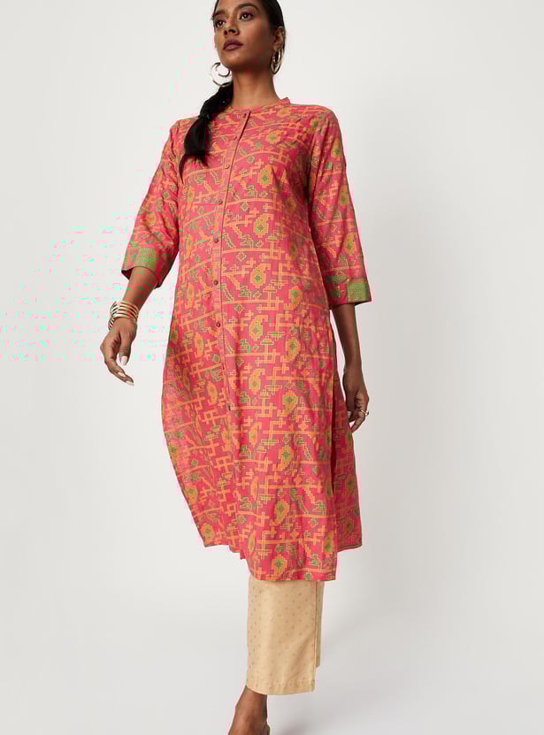 Women All-Over Printed Band Collar Straight Kurta