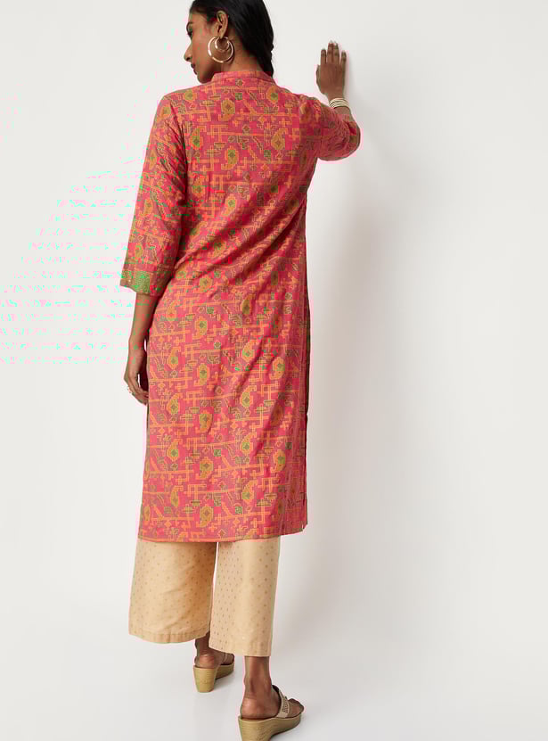 Women All-Over Printed Band Collar Straight Kurta