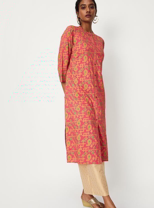 Women All-Over Printed Band Collar Straight Kurta