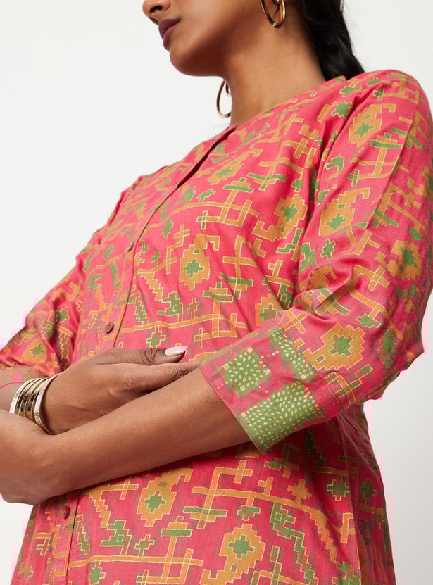 Women All-Over Printed Band Collar Straight Kurta