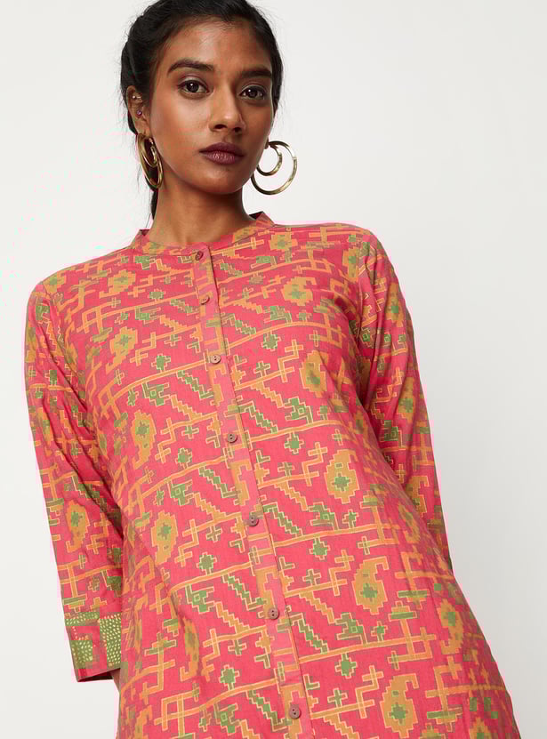 Women All-Over Printed Band Collar Straight Kurta