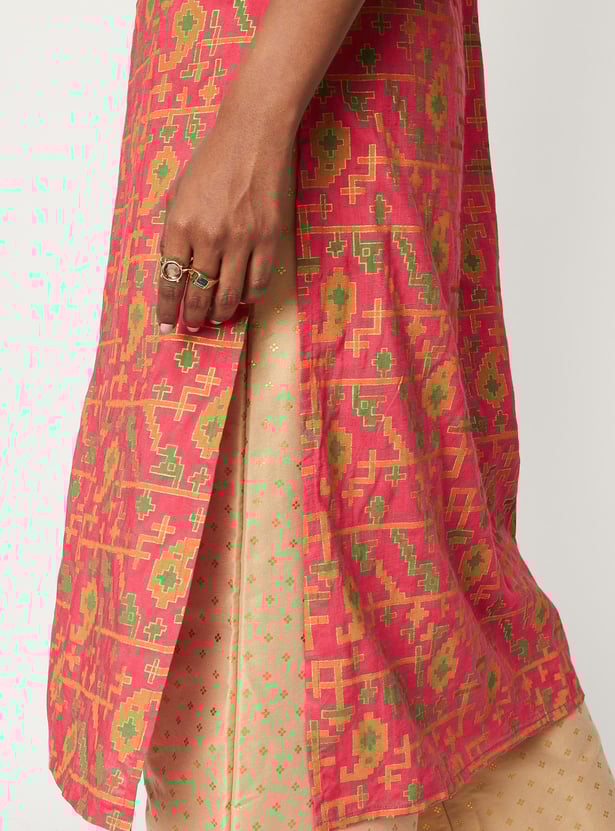Women All-Over Printed Band Collar Straight Kurta