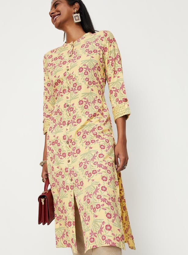 Women All-Over Printed Band Collar Straight Kurta