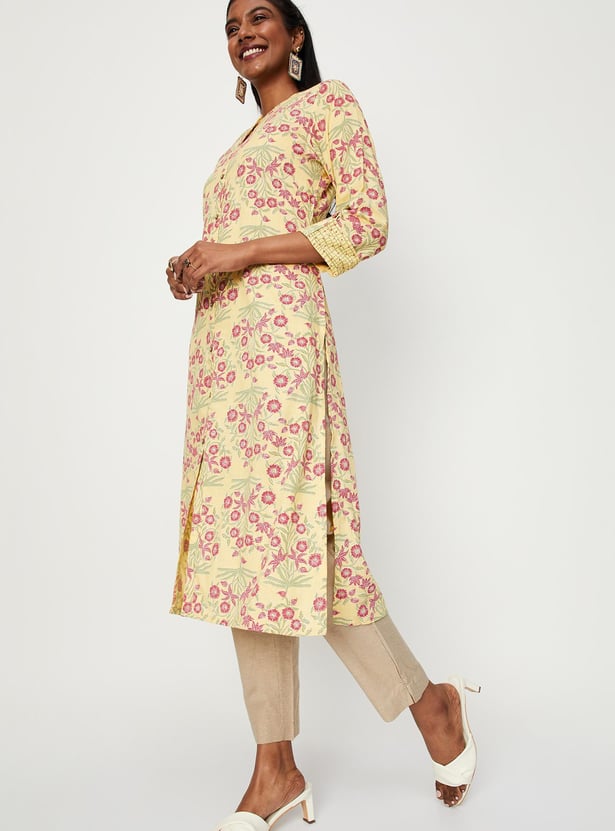 Women All-Over Printed Band Collar Straight Kurta