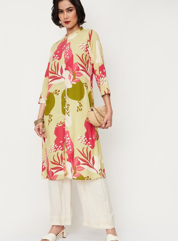 Women's Sea Green Floral Printed Band Collar Straight Kurta