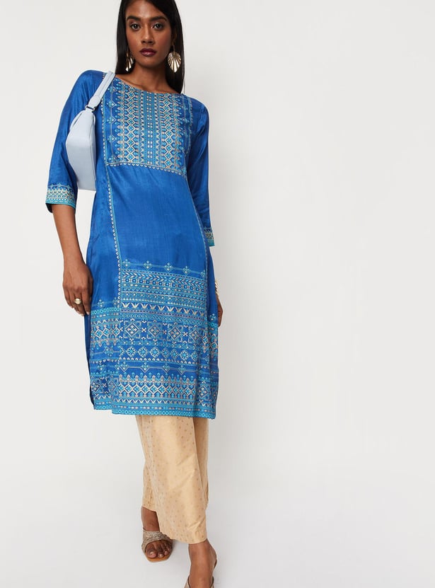 Women Placement Printed Round Neck Straight Kurta