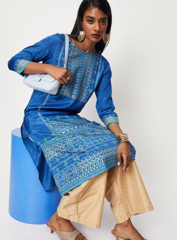Women Placement Printed Round Neck Straight Kurta