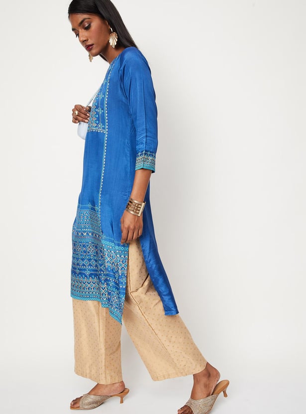 Women Placement Printed Round Neck Straight Kurta
