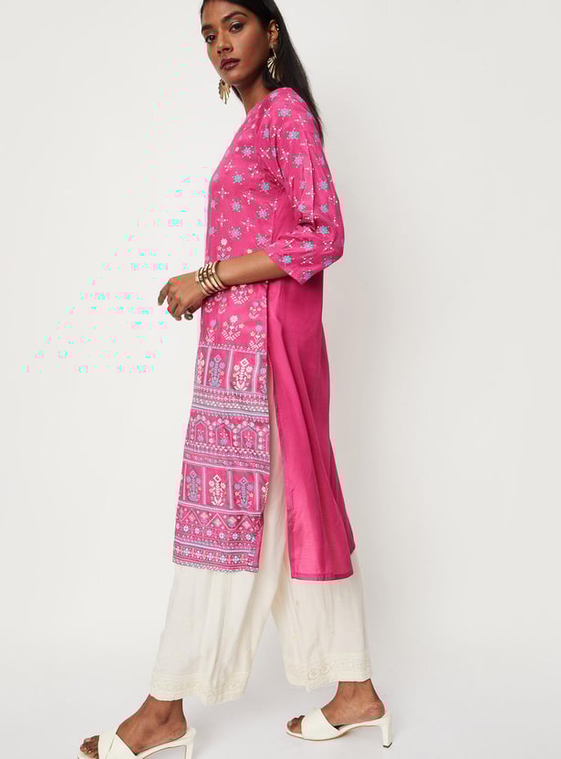 Women Placement Printed Round Neck Straight Kurta