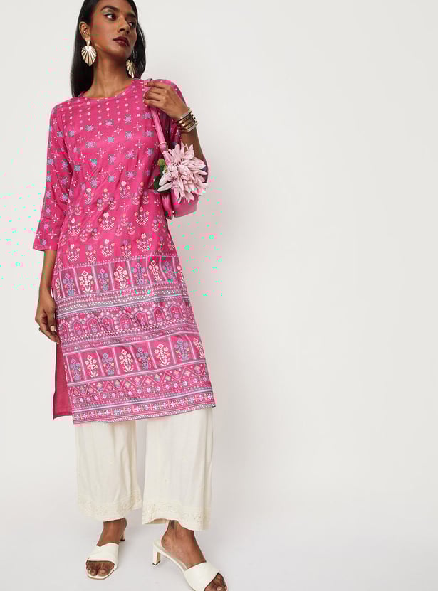 Women Placement Printed Round Neck Straight Kurta