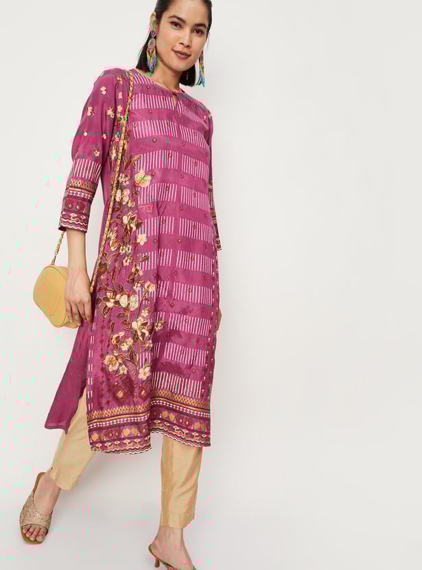 Women Printed Keyhole Neck Straight Kurta